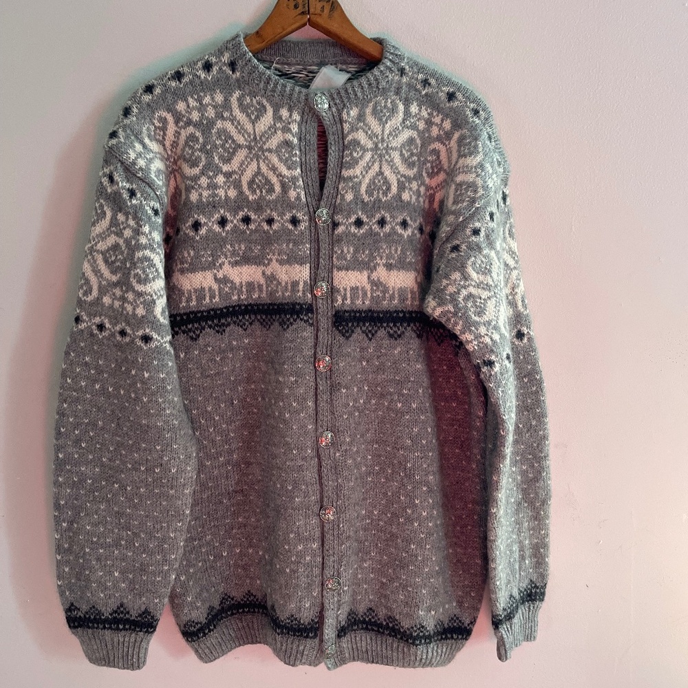 Vintage Fairisle Gray Navy Wool Cardigan Sweater Womens Deer Nordic Cabincore